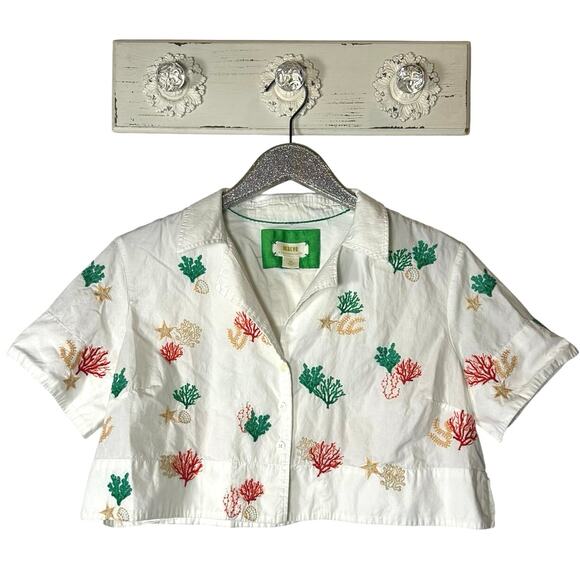 Anthropologie Maeve Ocean Sea Life Embroidered Crop Button Front Shirt - Picture 1 of 9